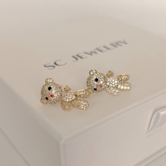 Teddy Bear Earrings 14k Gold Plated Sterling Silver Luxury Earrings - Picture 6 of 11